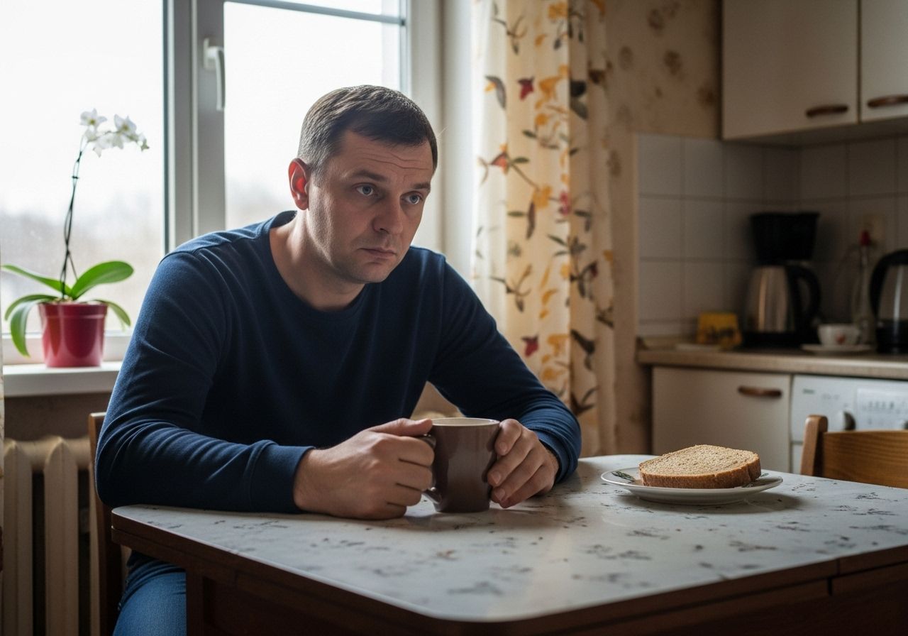 Мужчина с дисфорией сидит на кухне